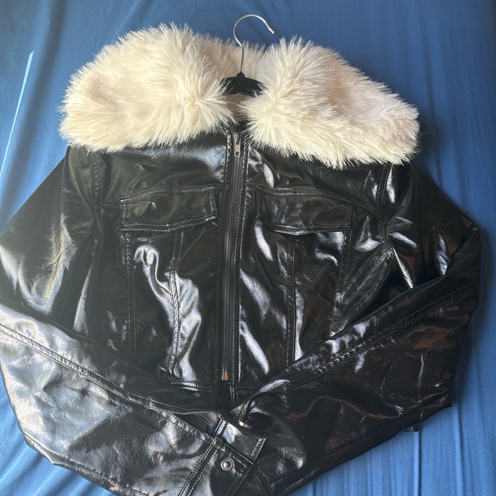 Women's Black Faux Leather Jacket with Fur Collar